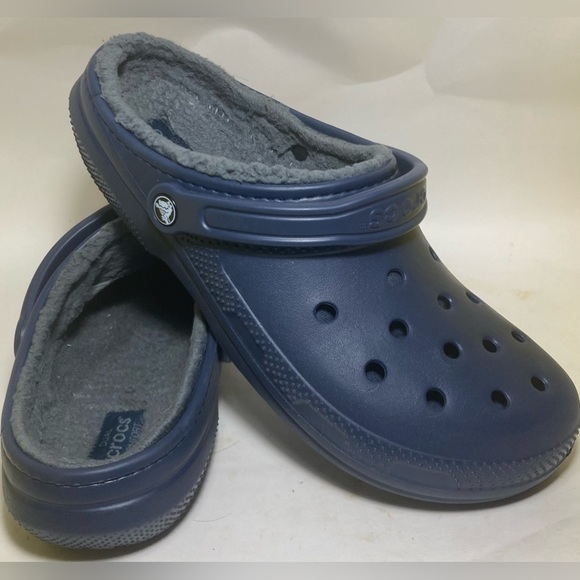 Crocs Navy Clogs w/ Grey Fleece Lined Men’s US 12 / Eur 46-47 /UK 11 *Excellent* - Picture 1 of 14